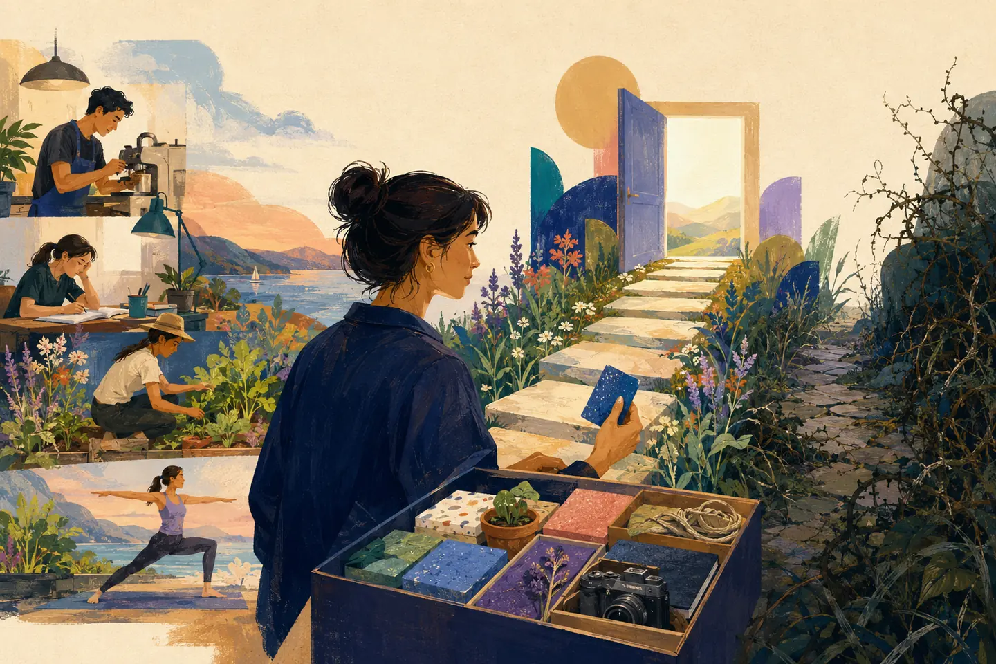 Editorial illustration: A student fills a portfolio box with work, study, exercise, gardening, and travel experiences beside a cultivated path to an open door.