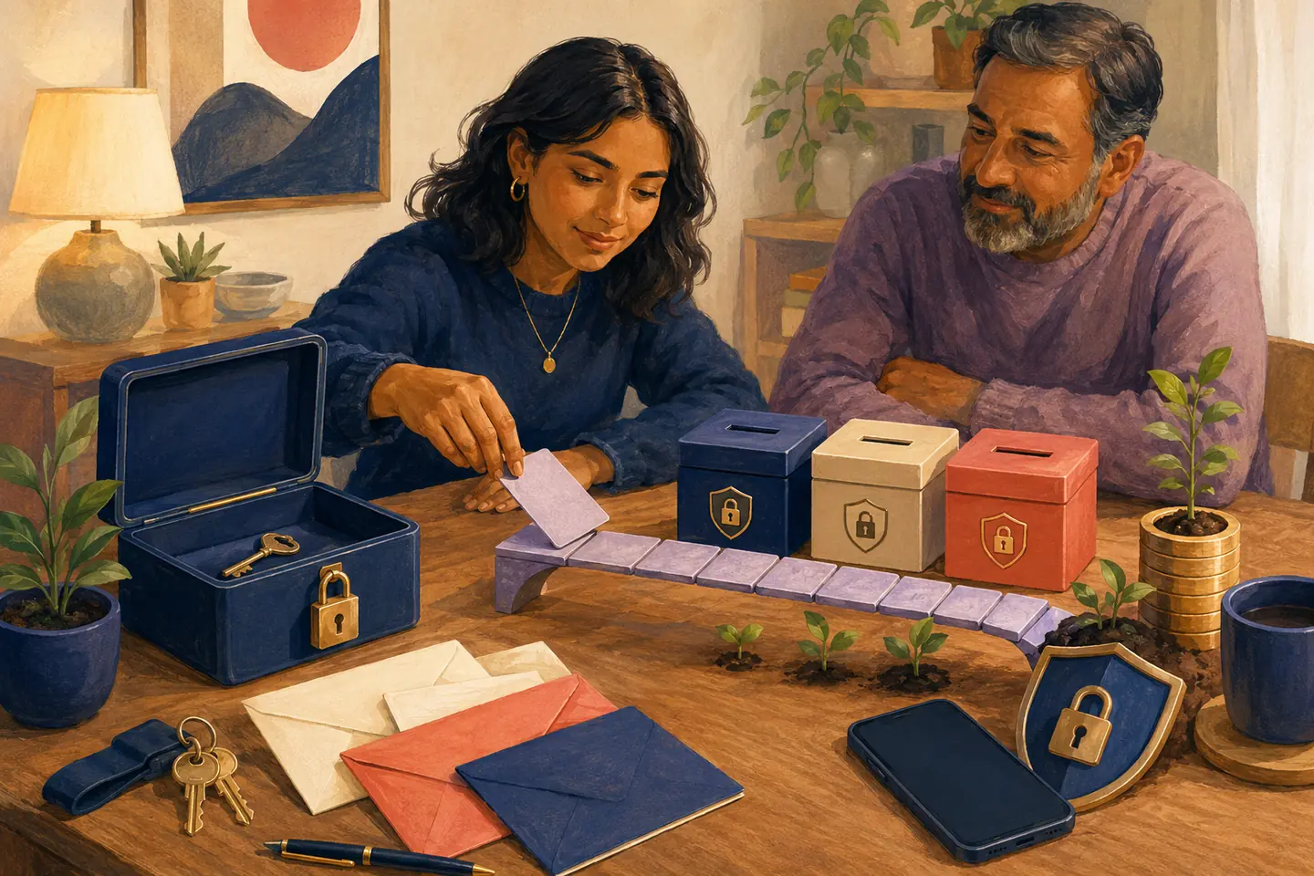 Editorial illustration: A young adult and family member protect an identity key, compare secure account boxes, and build a cautious bridge with a plain card.