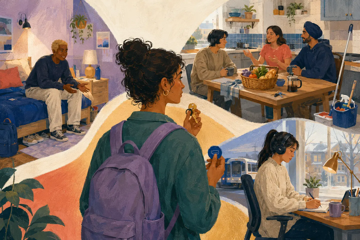 Editorial illustration: A student with keys considers a residence room, shared roommate kitchen, and commute-from-home study space as three viable housing routes.