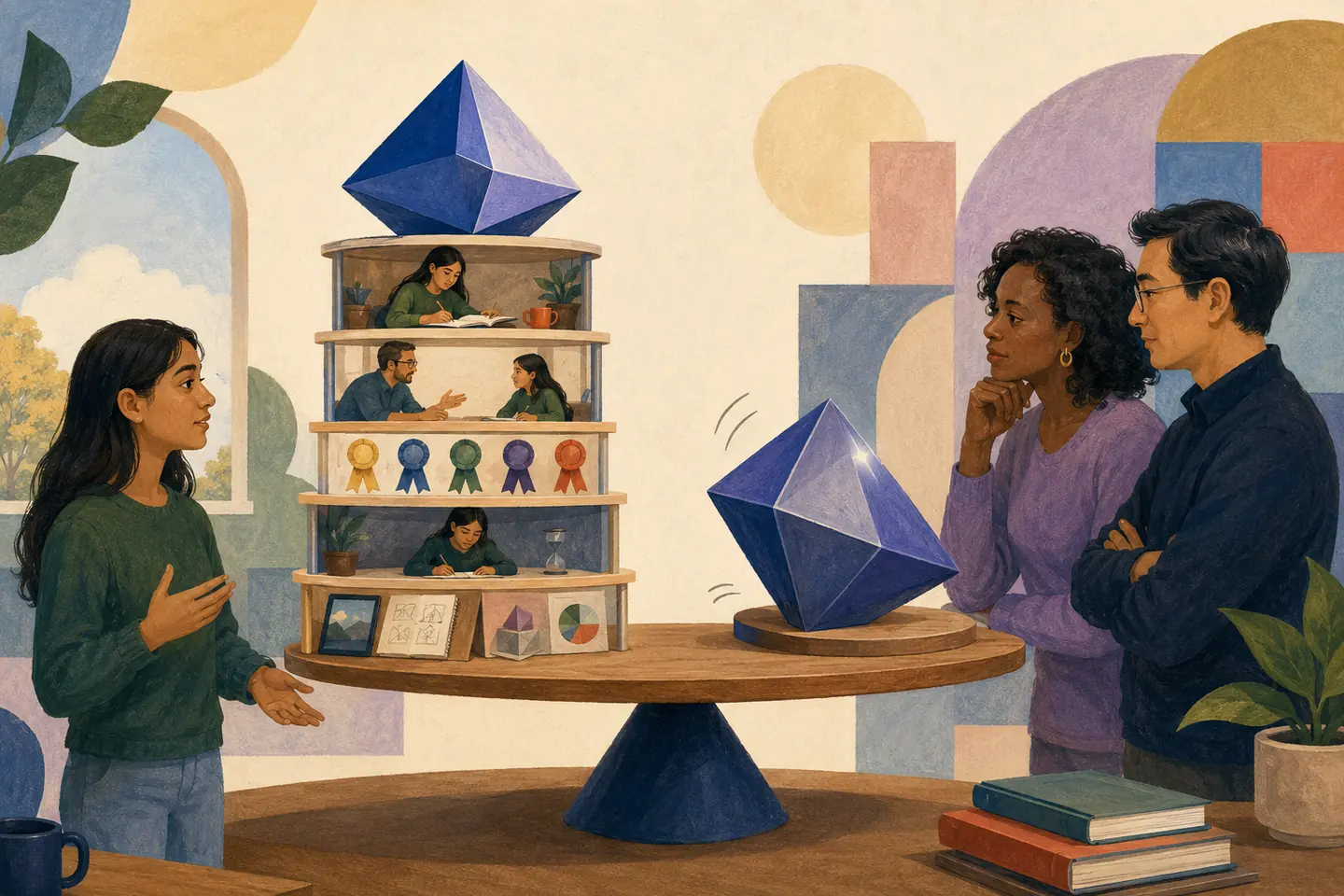 Editorial illustration: A student presents a faceted final structure on a balance table while layered scenes reveal independent work, teacher conversation, feedback, and varied assessment for calm inspection.