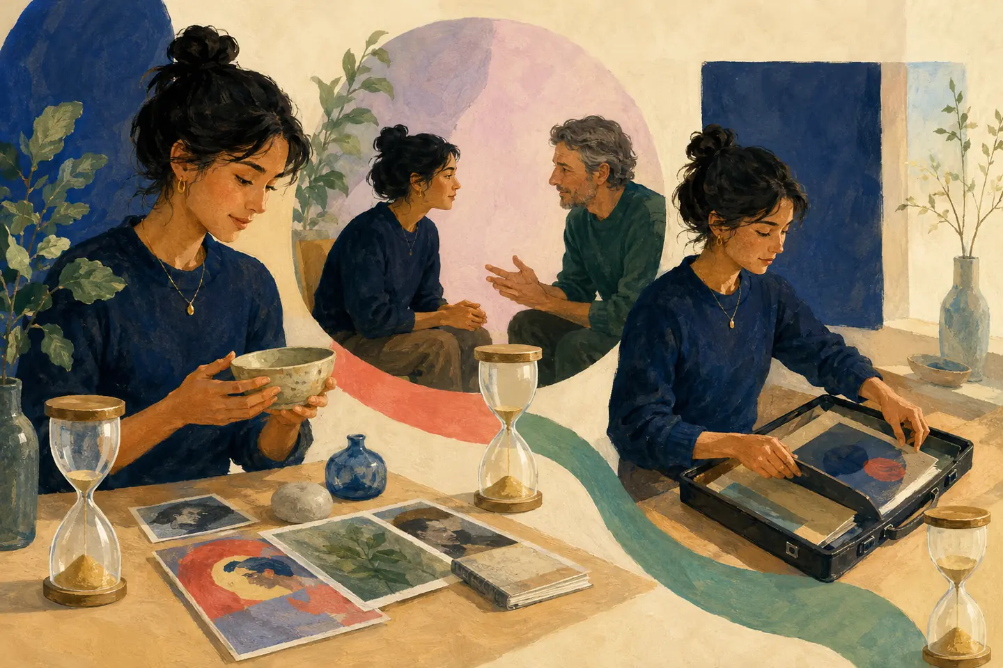 Editorial illustration: A student selects genuine project art, practises a face-to-face conversation, and arranges original work in a portfolio case beside separate hourglasses.
