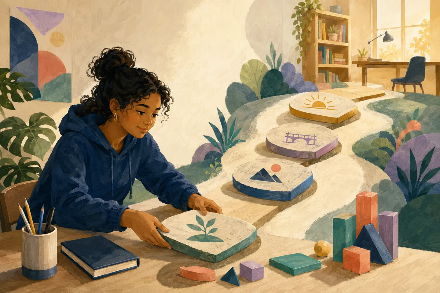 Editorial illustration: A student places a growth-marked stepping stone onto a gently rising path that leads from a study table toward a bright, orderly workspace.