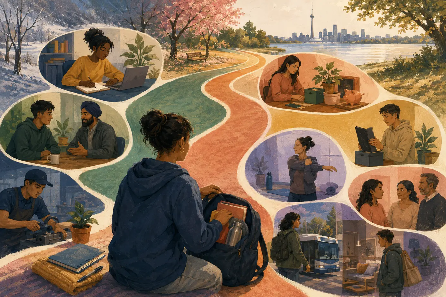 Editorial illustration: A recent graduate prepares for interconnected education, work, money, health, housing, transportation, and family steps across changing seasons.