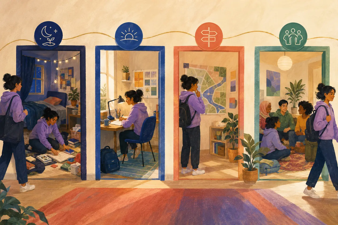 Editorial illustration: The same student moves through four connected rooms for stabilizing daily life, rebuilding study habits, mapping a pathway, and gathering a lasting support circle.
