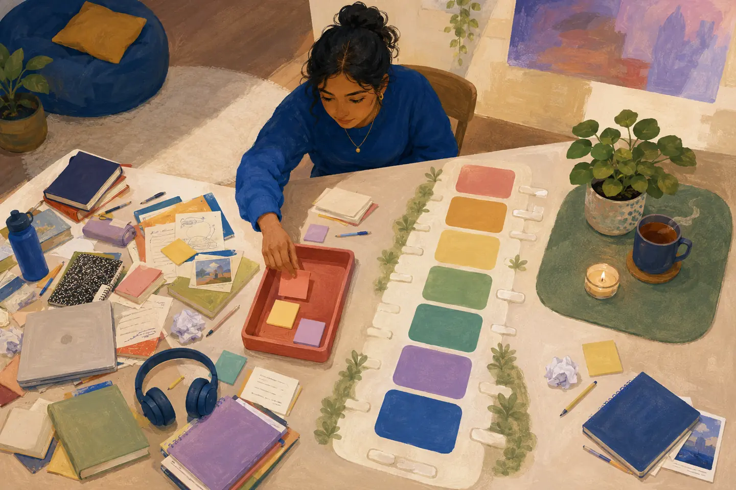 Editorial illustration: From above, a student sorts a crowded study area into an urgent tray, a coloured weekly pathway, and a quiet rest space.