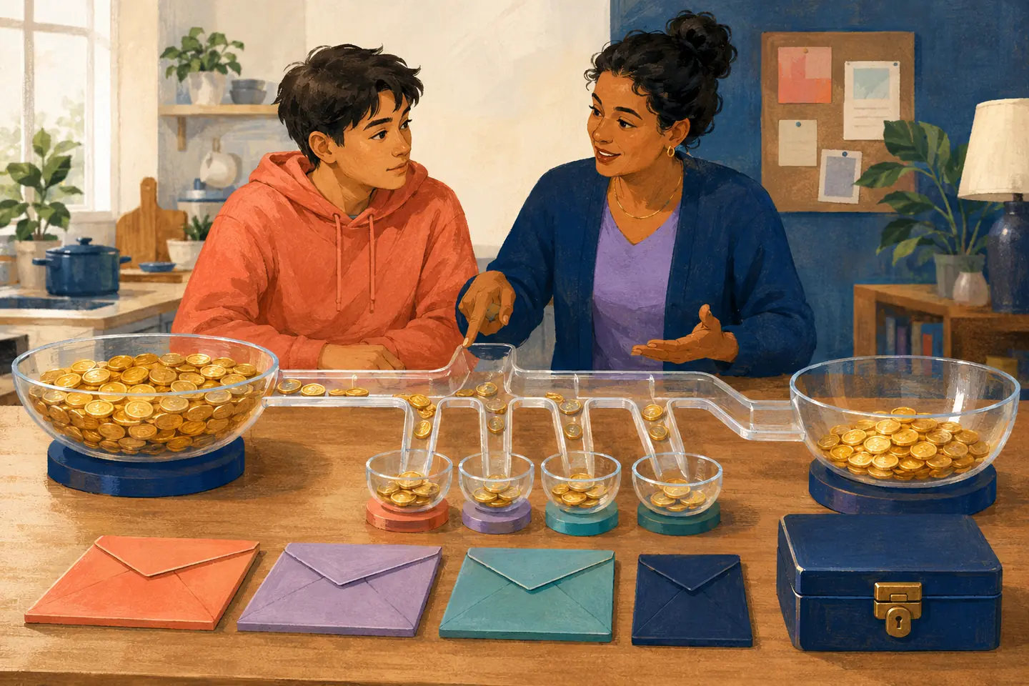 Editorial illustration: A young worker and trusted helper follow coins from a large gross-pay bowl through several deduction channels into take-home pay.