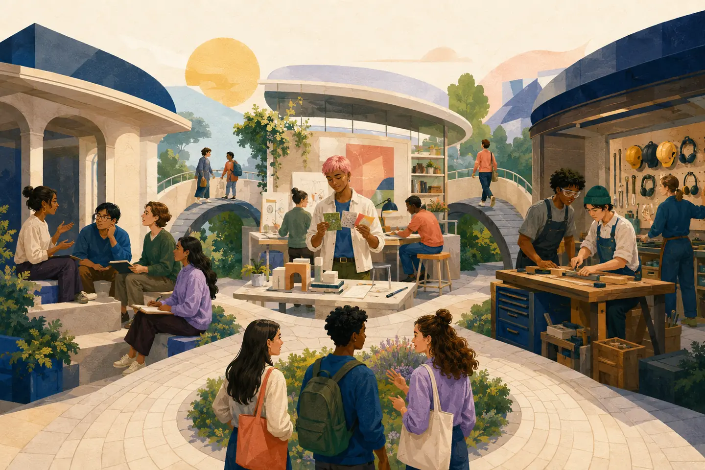 Editorial illustration: Students explore equally welcoming seminar, applied studio, and skilled-trades spaces connected by bridges around a shared courtyard.