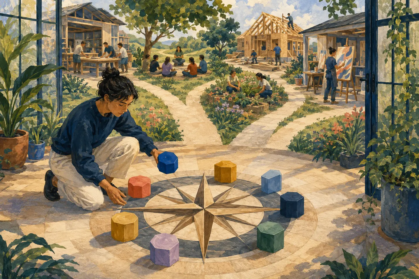 Editorial illustration: A student arranges eight plain geometric weights around a compass while diverse work environments branch through a community garden.