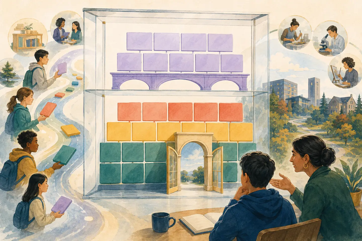 Editorial illustration: A student and advisor examine a transparent cabinet where earlier and later blank achievement tiles form different layers around a provisional bridge and conditional doorway.