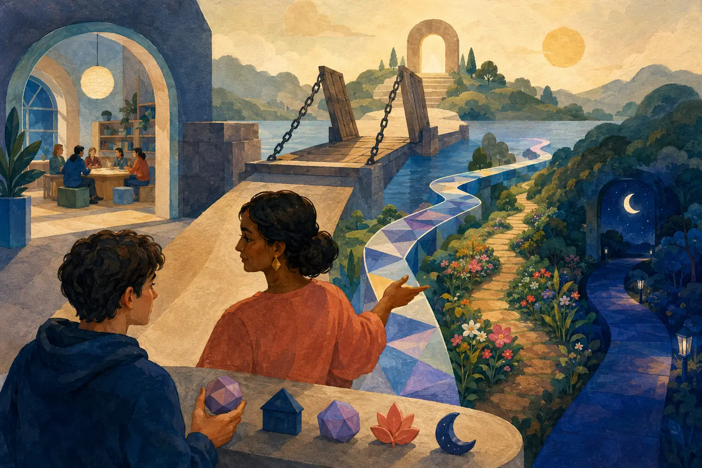 Editorial illustration: A student and guidance mentor compare a raised direct bridge with neighbouring, flexible, summer, and evening routes toward the same open doorway.
