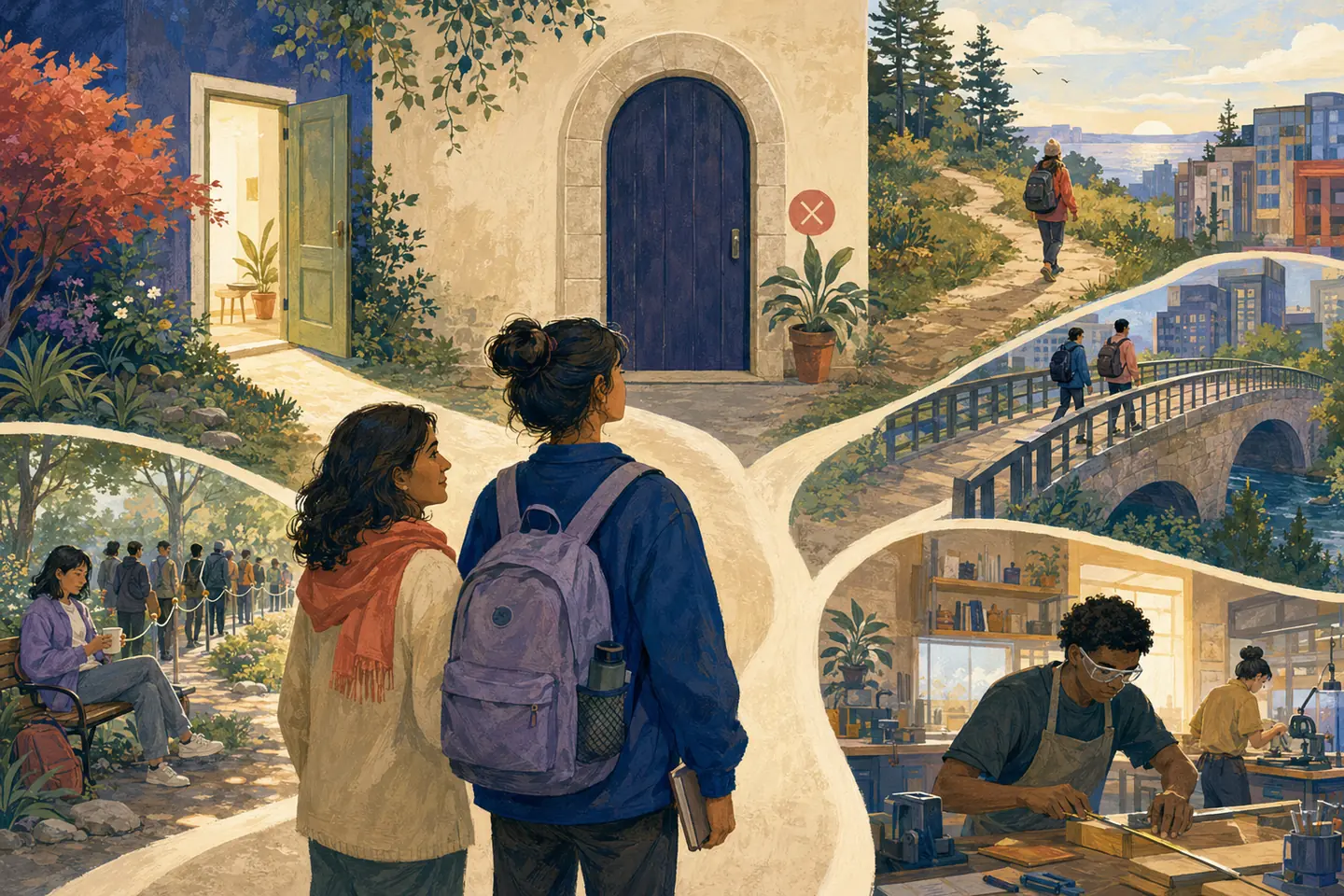 Editorial illustration: A student and caregiver face one closed door while nearby paths remain open toward an alternate doorway, a wait path, an upgrading workshop, a college bridge, and a gap-year trail.