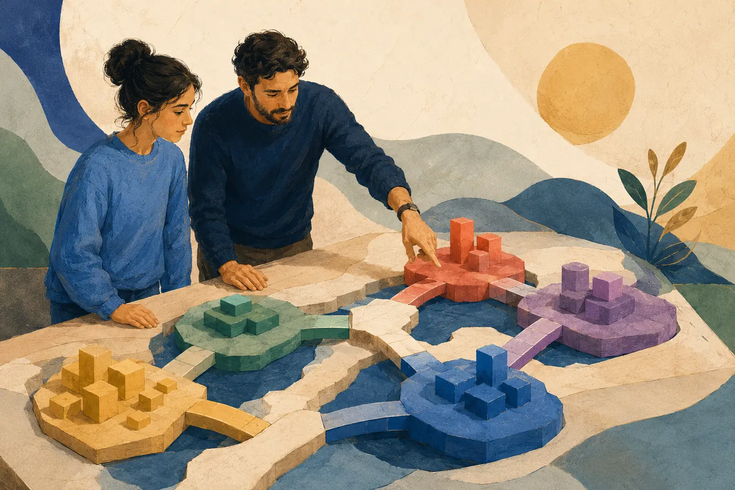 Editorial illustration: A tutor and student trace connected coloured course islands and identify a missing bridge in a tactile mathematics pathway model.