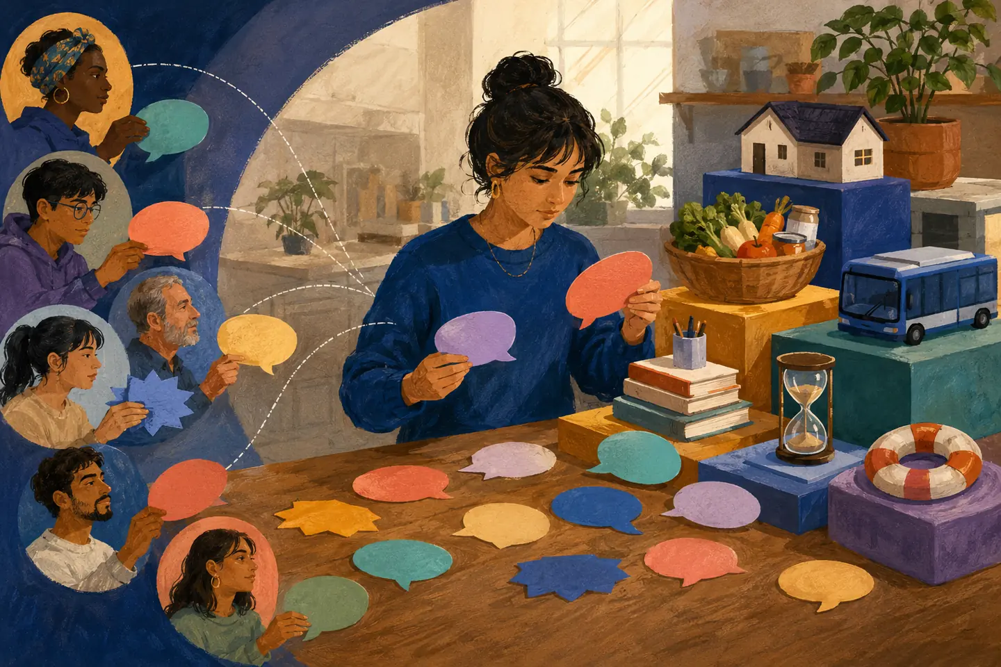 Editorial illustration: A student compares blank community speech pieces with tangible housing, food, transit, study, time, and emergency-support objects.