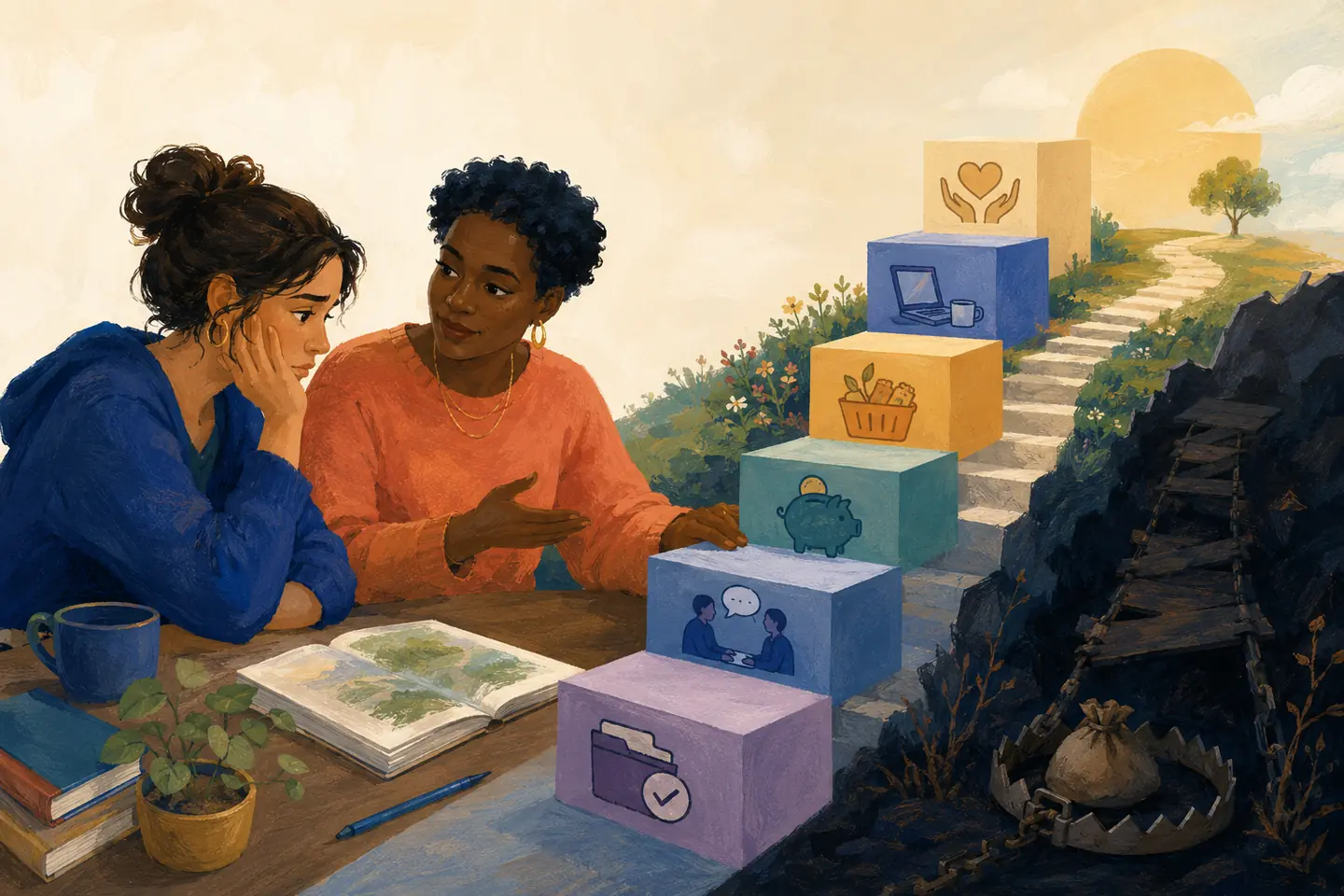 Editorial illustration: A worried student and supportive advisor build a staircase of safe financial supports beside a dark borrowing trap they avoid.
