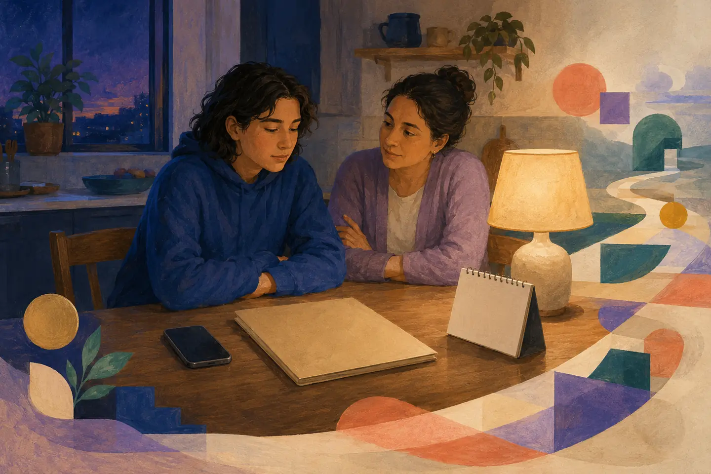 Editorial illustration: A grieving young adult sits at a kitchen table beside a supportive family member, with a closed folder, phone, blank calendar, warm lamp, and abstract shapes forming a gentle path forward.