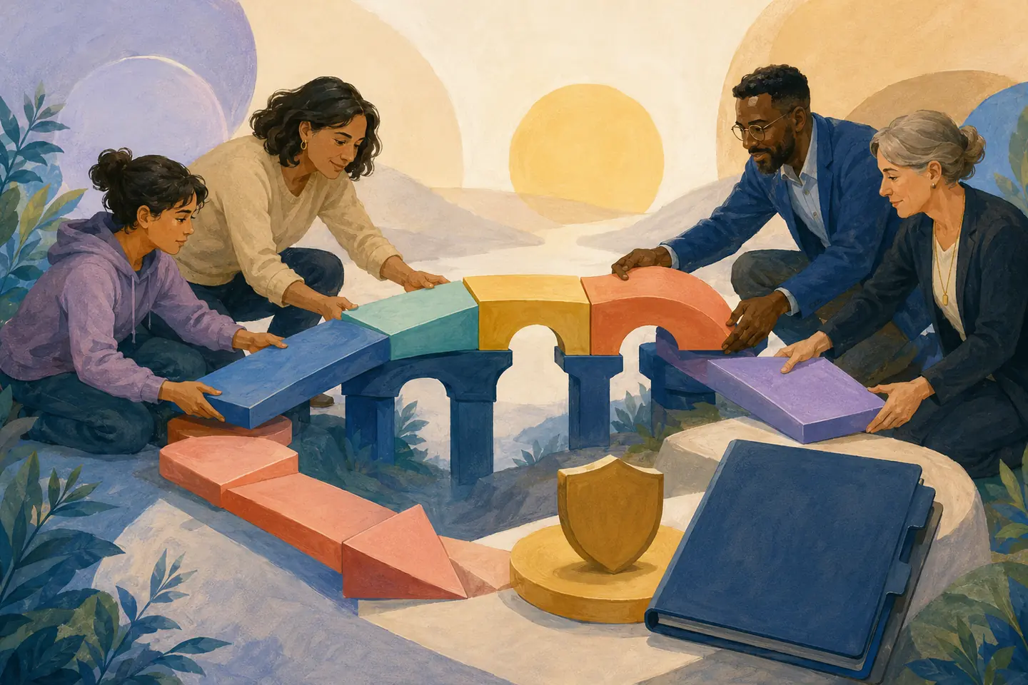 Editorial illustration: A student, caregiver, and school staff cooperatively assemble a tiered bridge while a separate short route marks urgent safety concerns.