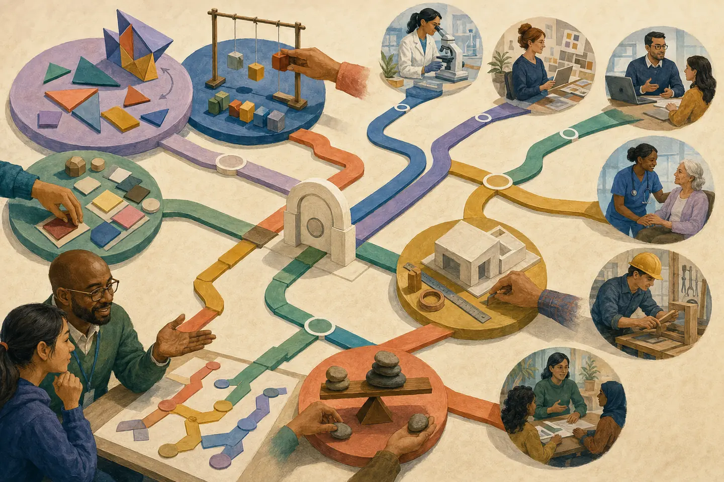 Editorial illustration: A student and guidance counsellor trace plain coloured routes from transformation pieces, a kinetic model, sorted samples, physical measurement, and balanced stones toward varied program studios.