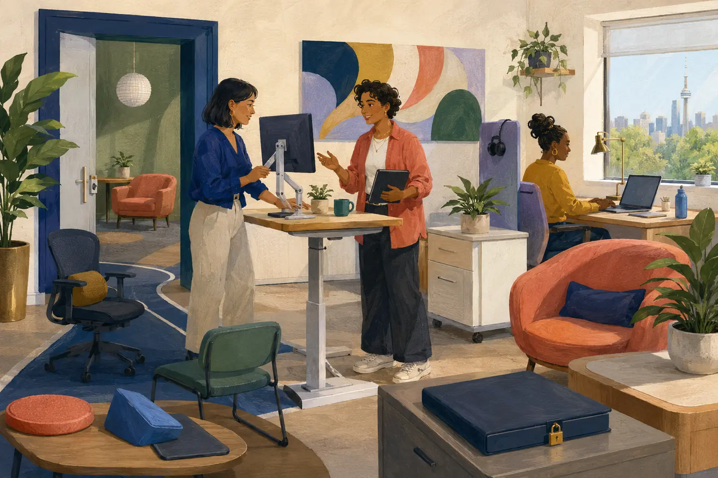 Editorial illustration: A young worker and manager adjust a desk, seating, quiet area, task path, and accessible workspace while a private folder remains locked.
