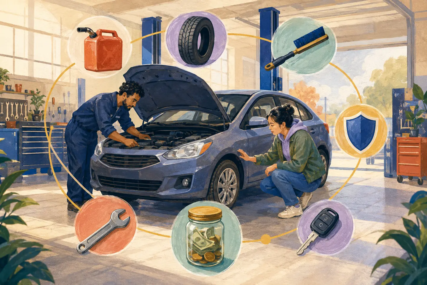 Editorial illustration: A first-time buyer and mechanic inspect a generic used car surrounded by fuel, tire, winter brush, wrench, repair reserve, key, and insurance symbols.